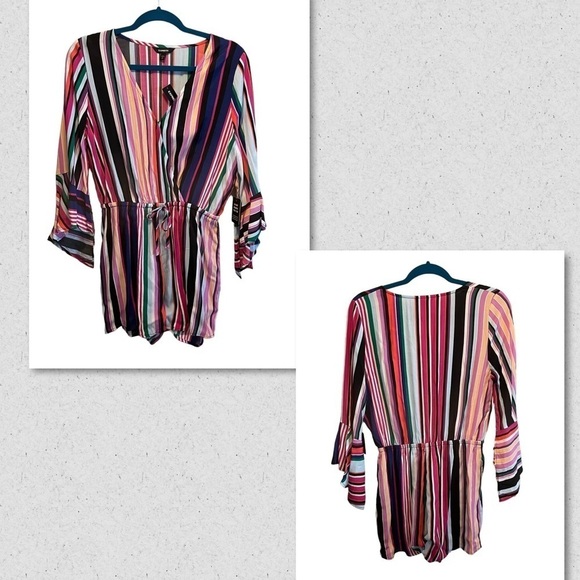 Express Romper Jumper Shorts Pink Rainbow Stripe Size Small Surplice NWT Barbie - Picture 9 of 9